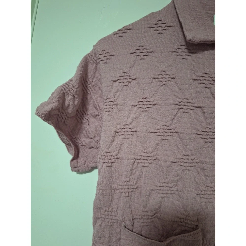ZARA Girls 9-10 Years Pink Textured Collared Short Sleeve Knit Button-Up Shirt